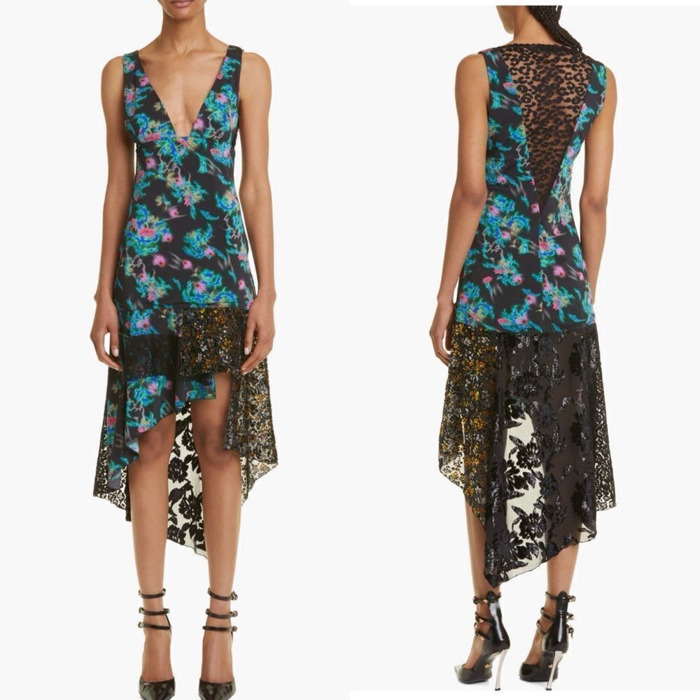 MACCAPANI Katie High Low Dress, Black Blue Floral, Size Large (8), Designer, NWT